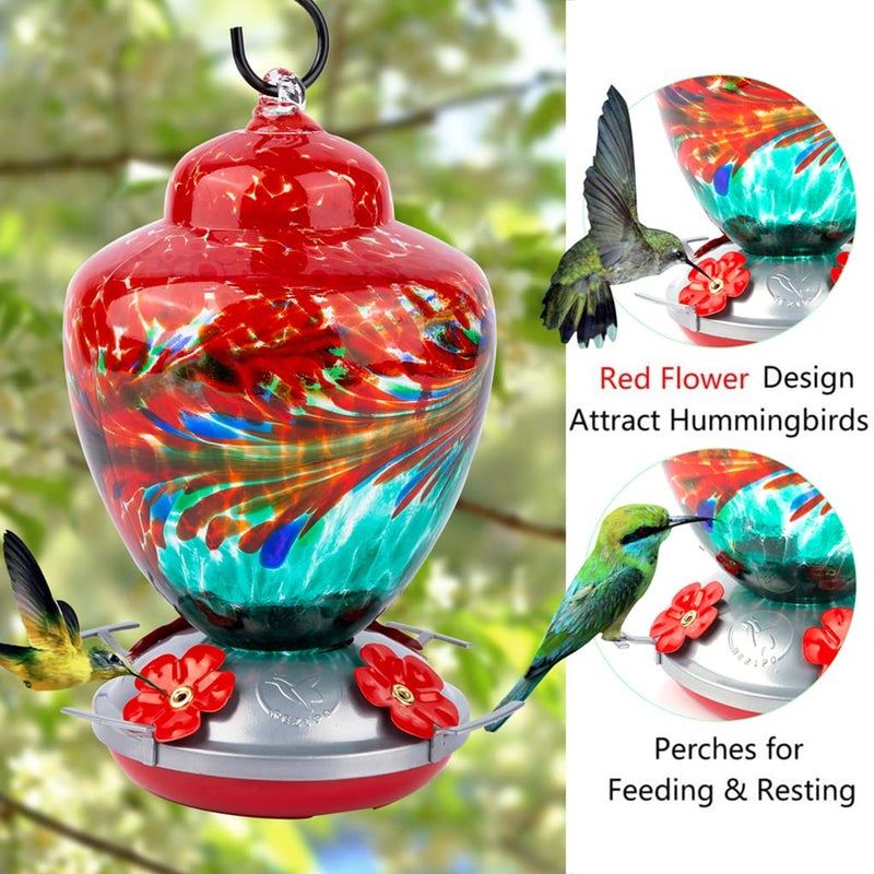 REZIPO Hummingbird Feeder with Perch - Hand Blown Glass - 38 Fluid Ounces Hummingbird Nectar Capacity Include Hanging Wires and Moat Hook (Red-Green) - Image 3
